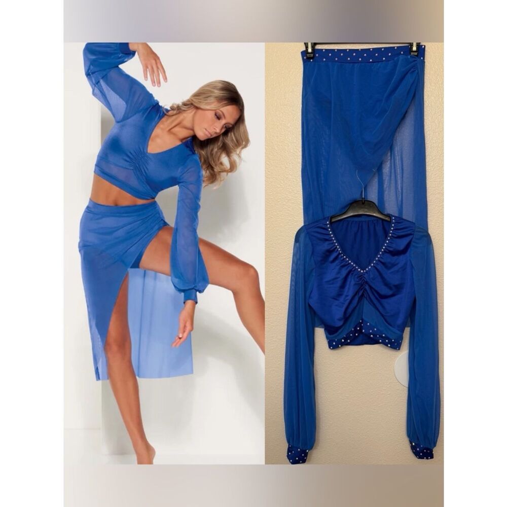 Kelle dance costume blue 2 piece Ocean Eyes 4302 skirt top MA-Medium adult